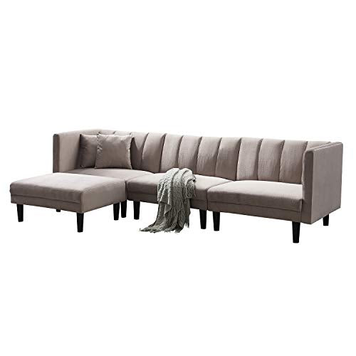106'' Velvet Reversible Sectional Sofa Sleeper Sofa Bed with Plastic Legs(Light Grey)