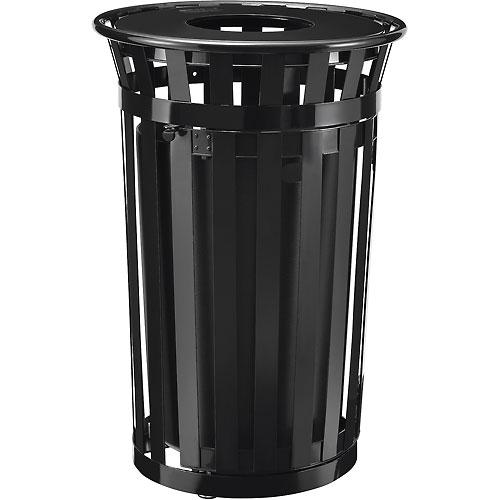 Outdoor Metal Slatted Waste Receptacle w/Access Door & Flat Lid - 36 Gal BK