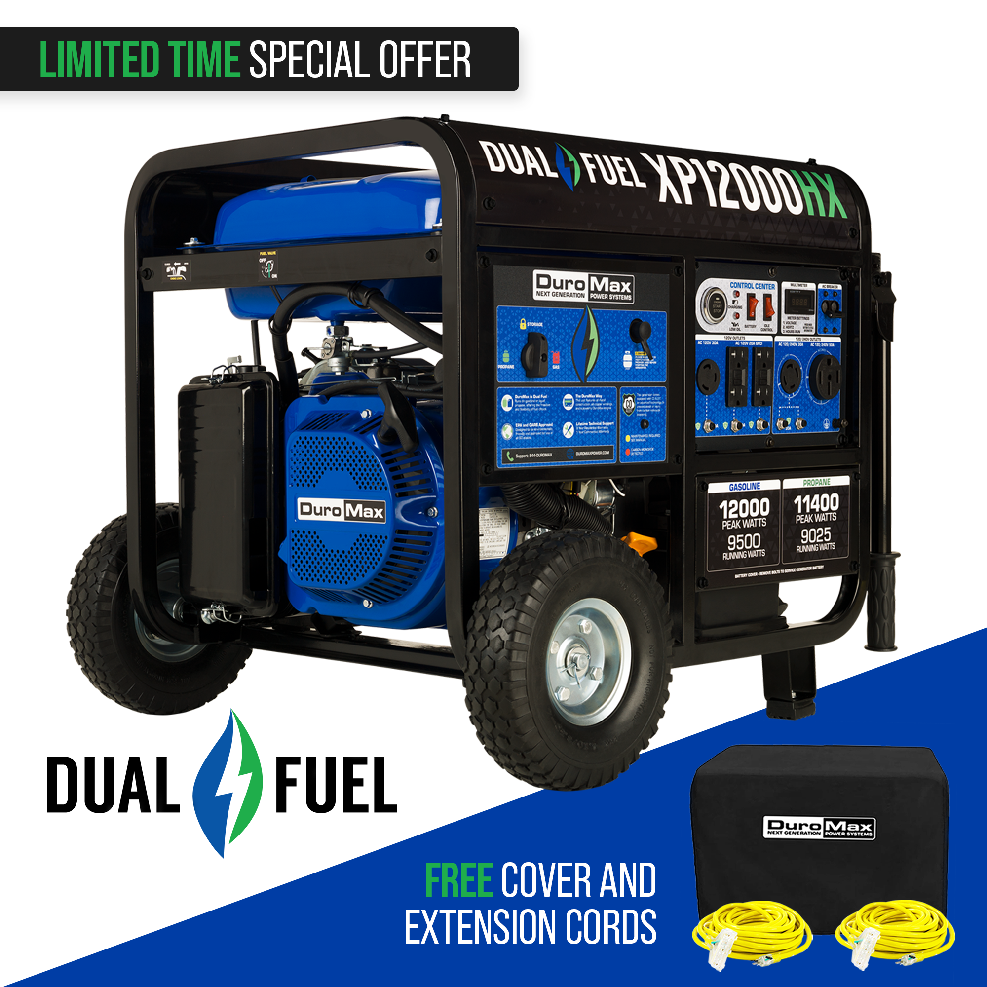 DuroMax XP12000HX 9500W/12000W Dual Fuel CO Alert Electric Start Generator New