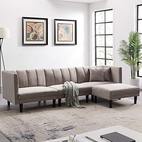 106'' Velvet Reversible Sectional Sofa Sleeper Sofa Bed with Plastic Legs(Light Grey)