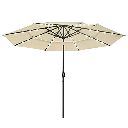Barbecue Seaside Large Patio Umbrella Solar Powered Led Lighted With Push Button Tilt And Crank Outdoor Market Table Umbrella Portable Garden Sunshade Uv Lawn Beach Pool Deck,Beige