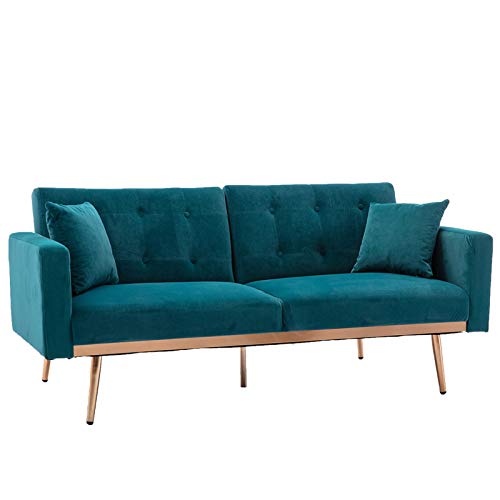 MemaRo Sofa Velvet Upholstered Sofa Bed Convertible Loveseat Sleeper Couch with 2 Pillows and Metal Feet Detachable Armrests for Living Room,Teal
