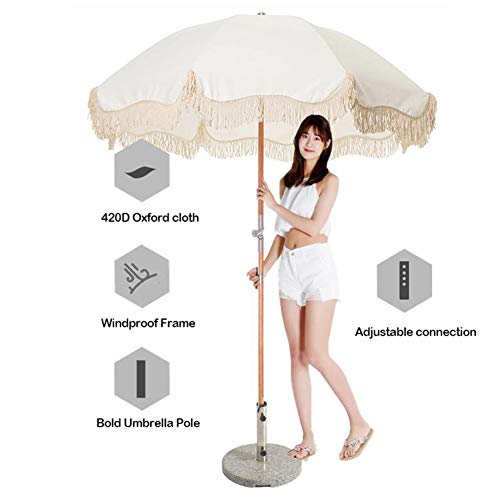 GAOYUN 6.5ft/2m Portable Beach Umbrella with Fringe, Sport Umbrella Outdoor Decoration with Tilt and Crank, Solid Wood Patio Umbrella