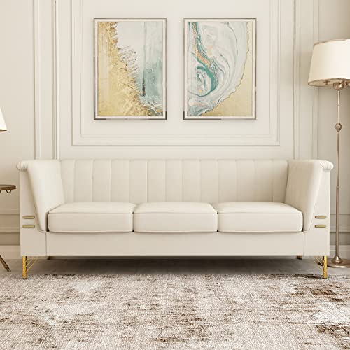 ZWMBYN Mid-Century Modern Channel Tufted Velvet Sofa Couch, 83W Upholstered Loveseat Sofa Furniture with Gold Stainless Steel Legs and Square Rolled Arms for Living Room Bedroom Apartment, Beige