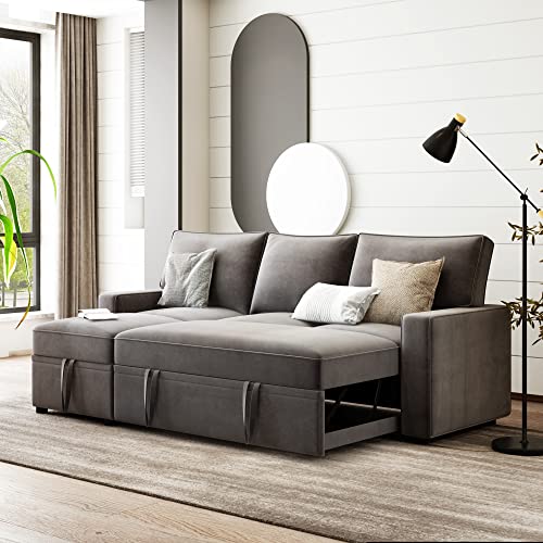 Reversible Sectional Sofa,Pull Out Sofa Bed with 2 Pull-Out Sleepers, Space-Saving Functional Sofa Bed, Chaise Longue with Loveseat, Grey