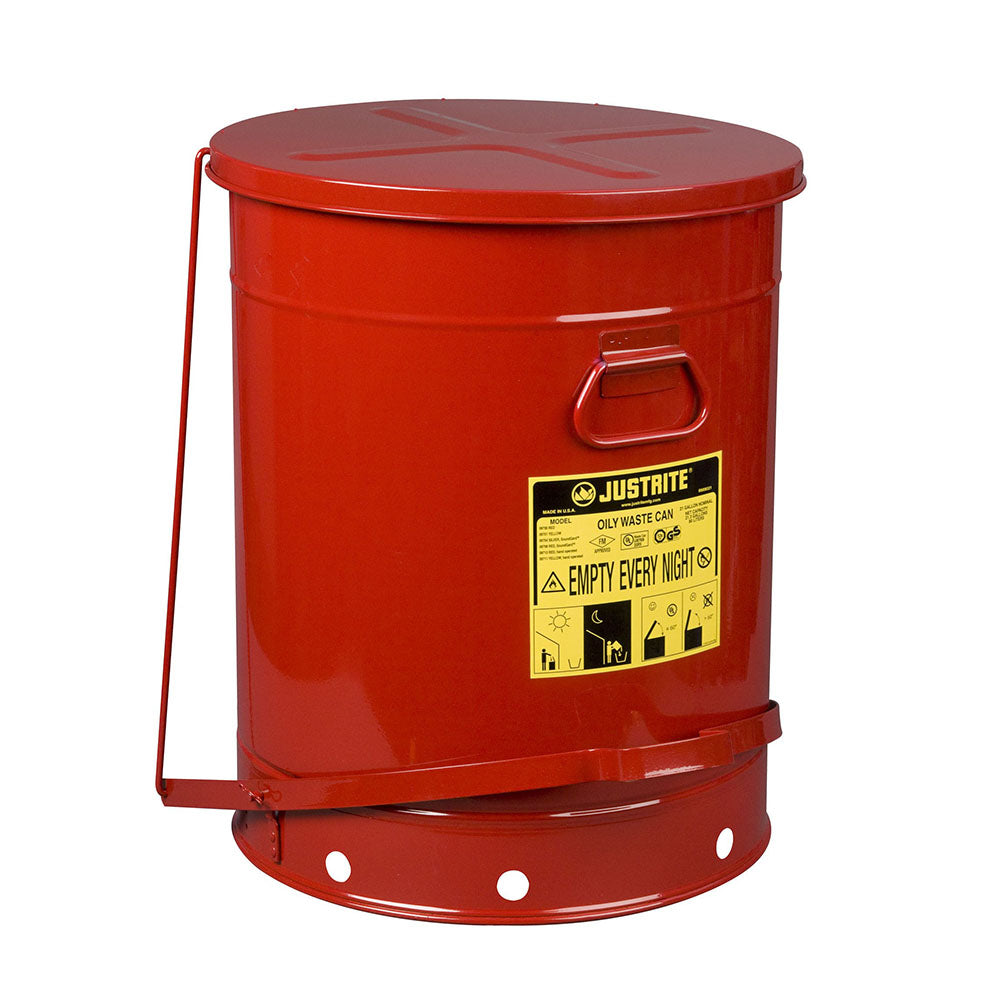 Justrite Oily Waste Can, 21 Gallon, Foot-Operated Self-Closing SoundGard™ Cover