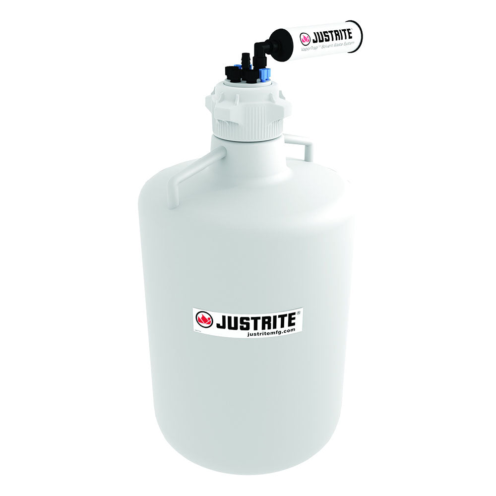Justrite VaporTrap™ Carboy With Filter Kit, 20L RND HDPE, 83mm Cap, 4 Ports 1/8