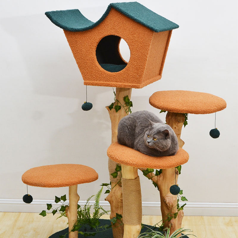 Brown Wood House Cat Tree