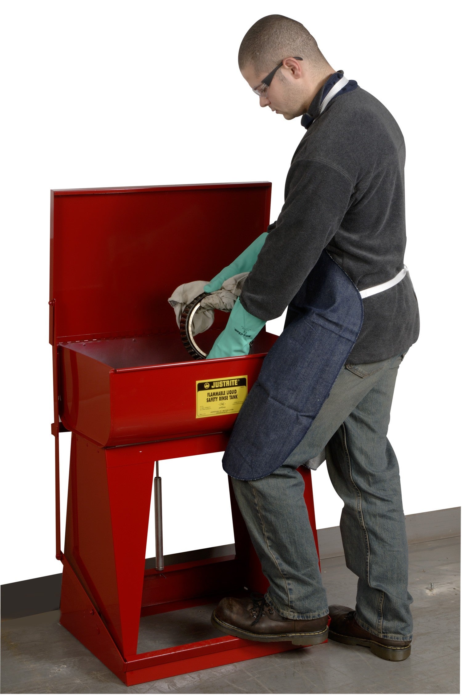 Justrite 11 Gallon Rinse Tank, Floor-Standing, Foot-Operated Self-Close Cover, Drain Plug, Steel