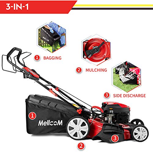 Mellcom Gas Lawn Mower Electric Start 4-Cycle 173cc OHV 21-Inch Trimming Mower 4-in-1 Rear Wheel Drive Trimmer with 16 Gal Grass Box,8 Adjustable Mower Heights, Adjustable & Foldable Handlebars