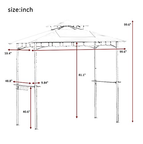 Patio Grill Gazebo Tented BBQ Canopy with Shelves and Metal Frame for Outdoor Activities, 2-Tier Hard Top Canopy Roof Barbecue Grill Gazebo Tent with Coffee Shelter for Lawn Backyard, Easy to Set Up