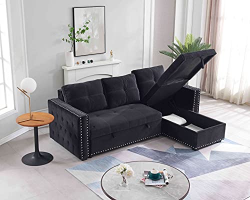 Tulib Reversible Sectional Sleeper Sofa with Storage Chaise, L-Shape Corner Couch with Pulled Out Bed, Nailheaded Design, for Living Room, 91 Black