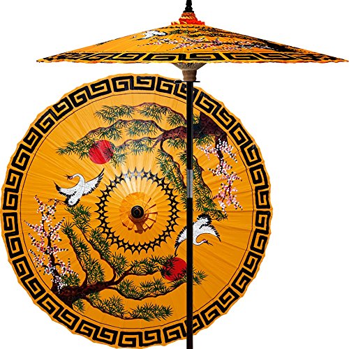Oriental-Decor 7 Foot Tall Hand-Painted Patio Umbrella Mirrored Cranes in Orange, Handcrafted Bamboo Dual-Height Market Umbrella with Hardwood 2-Piece Pole