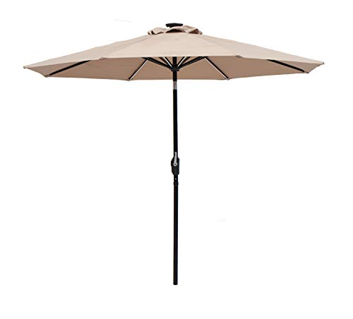 SUNBRANO Deluxe Solar Powered LED Strip Lighted Patio Umbrella, 9ft Market Table Umbrella w/Tilt and Crank, 8 Ribs, Taupe