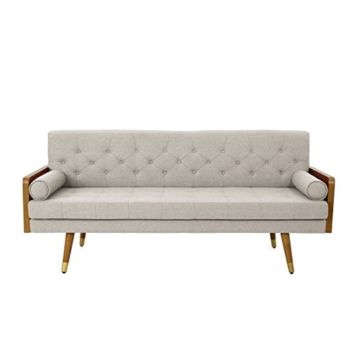 Christopher Knight Home Aidan Mid Century Modern Tufted Fabric Sofa, Beige & Greta Mid Century Modern Fabric Club Chair, Beige, Dark Walnut