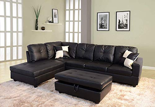 Sectional Sofa, L-Shape Faux Leather Sectional Sofa Couch Set with Chaise, Ottoman, 2 Toss Pillow Using for Living Room Furniture.（Black）