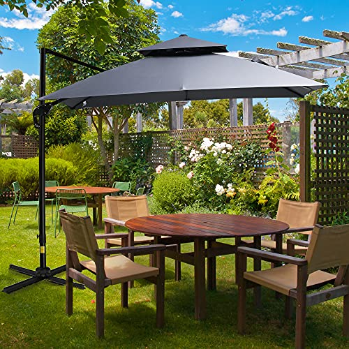 Outsunny 10' 2-Tier Canopy Cantilever Patio Umbrella with Rotating Base & 5-Position Tilt, Grey