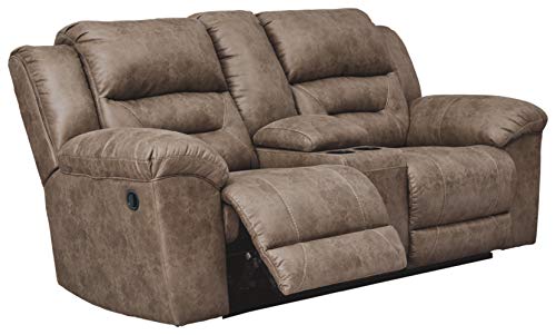 Signature Design by Ashley Stoneland Faux Leather Manual Double Reclining Loveseat with Center Console, Light Brown