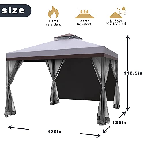Hofzelt Ocala 10 x 10 Ft Gazebo Double Tier Patio Canopy Steel Frame with 4 Side Mosquito Netting and One Side Curtain (Dark Grey)