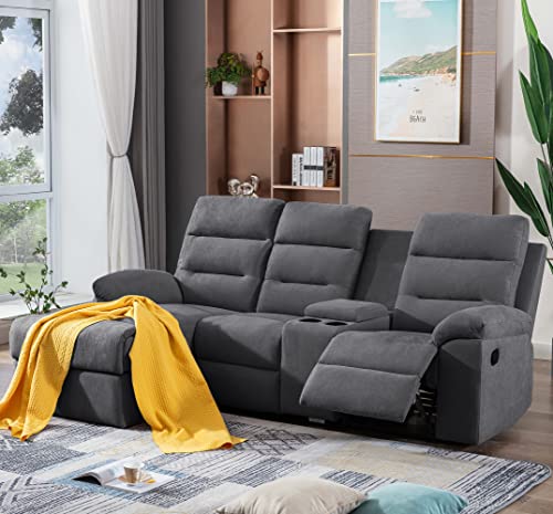 RINIMEI L-Shaped Upholstered Manual Reclining Sectional Sofa with Storage Chaise Lounge Couch and 2 Cup Holders for Living Room Furniture Sets, Dark Grey