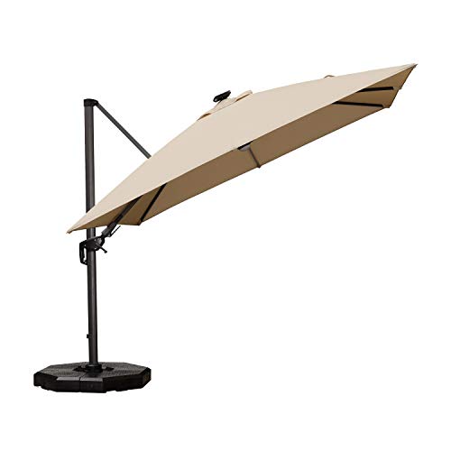 PURPLE LEAF 10 Feet Patio Umbrella Outdoor Cantilever Solar Powered LED Swivel Square Umbrella Aluminum Offset Umbrella with 360-degree Rotation for Garden Deck Pool Patio, Beige