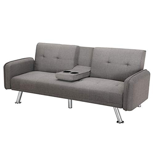 AINN 74 inches Soft Futon Sofa Bed Twin, Convertable Loveseat Sofa Couch with Cup Holder, Cushioned Folding Sleeper Sofa Bed for Living Room, Bedroom, Apartment and Small Space, Light Gray Type-B