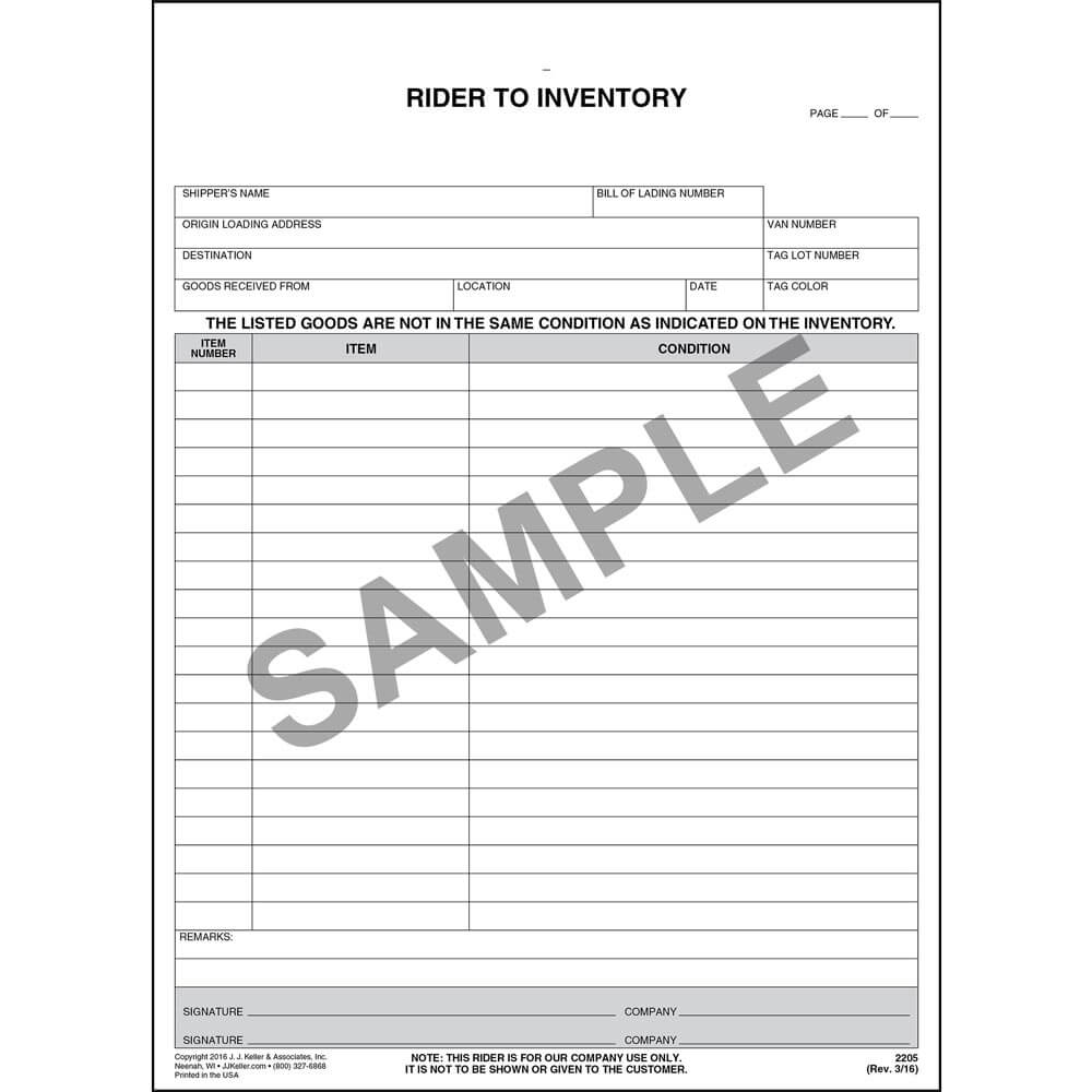 JJ Keller Household Goods Form - Rider to Inventory (Pack of 250)