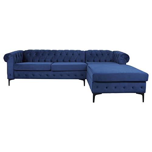L-Shaped Velvet Sectional Sofa, Modern Chesterfield Corner Sofa Chaise Roll Arm Settee, Contemporary Classic Button Tufted Couch with Metal Y-Leg (Blue)