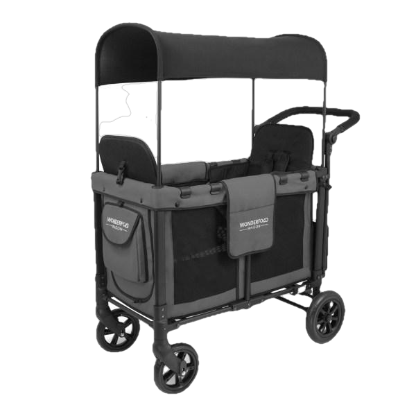 WonderFold Baby W2 Multi-Function Folding Double Stroller Wagon with Removable Canopy and Seats Gray New