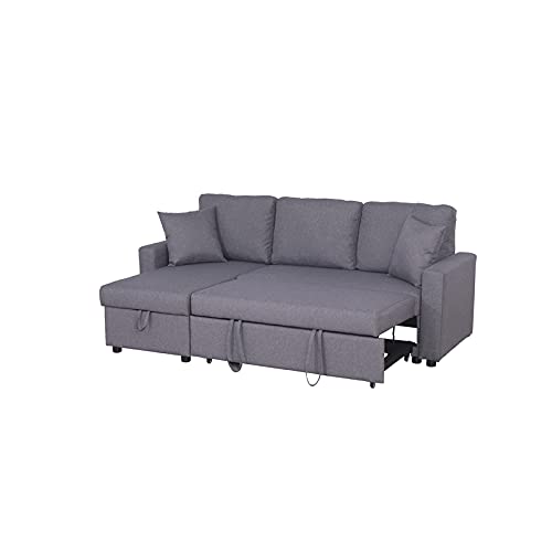 Kingway Furniture Hemus Linen Blend Reversible Sectional Sleeper Sofa with Pillows in Gray