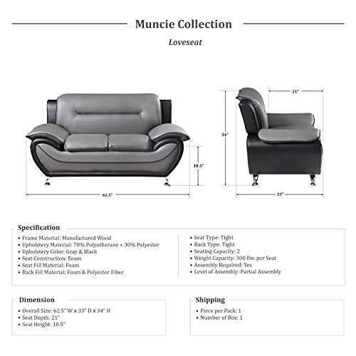 Lexicon Muncie 3-Piece Living Room Sofa Set, Gray/Black