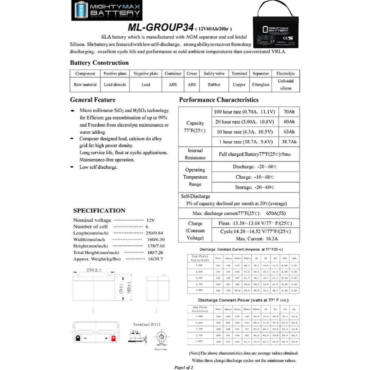 Mighty Max Battery 12V 60 Ah Sealed Gel Battery