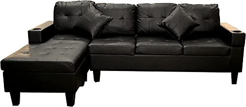 STARTOGOO Faux Modern Leather Sectional Sofa Set for Living Room, L Shape Couch w/Reversible Chaise, 2 Cup Holders, Throw Pillows and Left or Right Hand, 4 Seat (Black PU)
