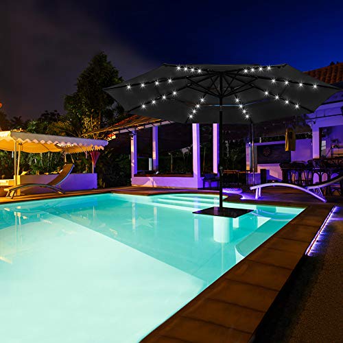 MAQIANFAA 10ft Patio Umbrella Table Market Umbrella Outdoor Sunbrella Solar Powered LED Lighted Umbrellas with Tilt Button and Rotating Crank Lever for Patio, Garden, Backyard and Pool Black
