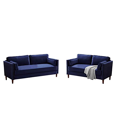 Cotoala 2 Piece Living Room Sectional Sofa Sets, Modern Upholstered Couch Furniture, One Three-Seat Chair & Loveseat, 2+3, Blue