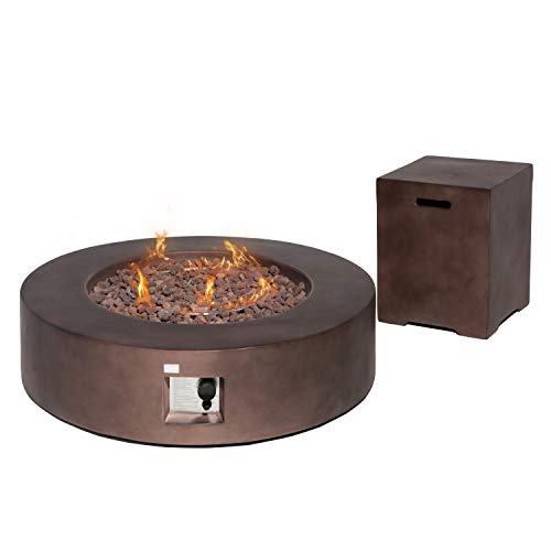 COSIEST 2-Piece Outdoor Propane Firepit Table Set w Tank Table, 42-inch Dark Fire Table (50,000 BTU) w Bronze Round Base,16 inches Tank Cozy Side Table 20lb for Garden,Pool,Backyard