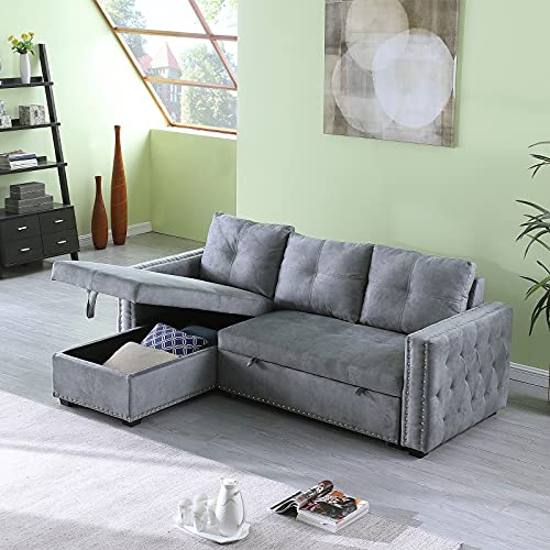 GAOPAN 91 Inch Polyester Blend Upholstery Sectional Sofa Convertible Pull-Out Sleeper Couch Bed, Living Room Furniture Set L-Shaped Rivet Decor Corner Sofá W/Reversible Storage Chaise Lounge,Gray