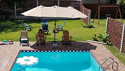 HWF 15ft Patio Umbrella Double-Sided Outdoor Market Extra Large Umbrella with Crank, Waterproof Garden Parasol UV 50+ Protection, Khaki