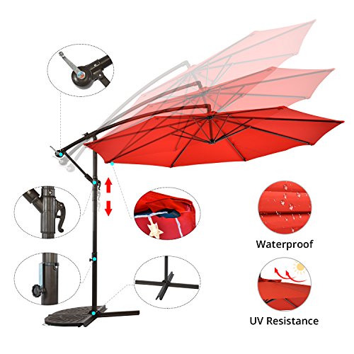 Sun-Ray 811045 10' Round Cantilever 8-Rib Offset Solar Patio Umbrella, 24 LED Lights, Crank with Adjustable Tilt, Cross Base, Aluminum Frame, Scarlet/Red