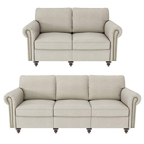 Nolany Traditional 2 Piece Living Room Sofa Set Upholstered Fabric 3 Seats Sofa Couch and Loveseat Set Rolled Arm Sofa Sets, Light Beige