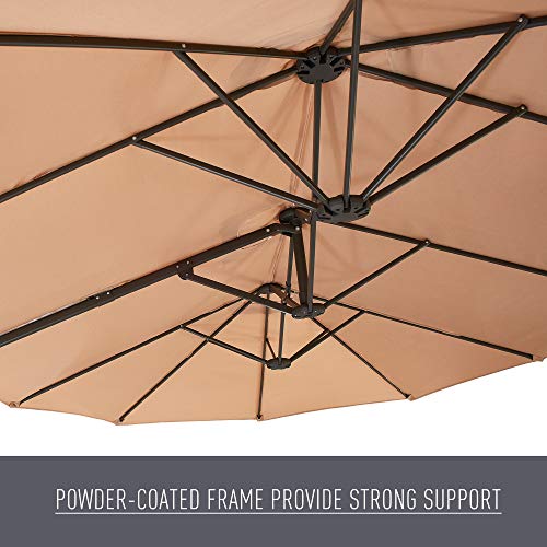 LOKATSE HOME 14.4 Ft Twin Head Outdoor Patio Market Large Rectangular Cantilever Hanging Umbrella with Crank & Weighted Base Stand, Set, Khaki