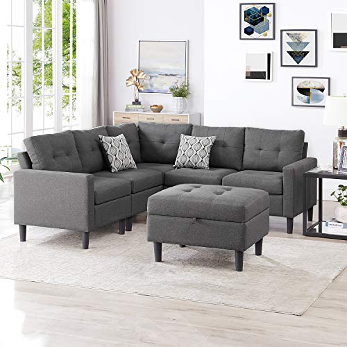 Good & Gracious Modular Sectional Corner Sofa Large L-Shaped Couch Set with Modern Polyester Fabric Storage Ottoman for Living Room Dark Grey