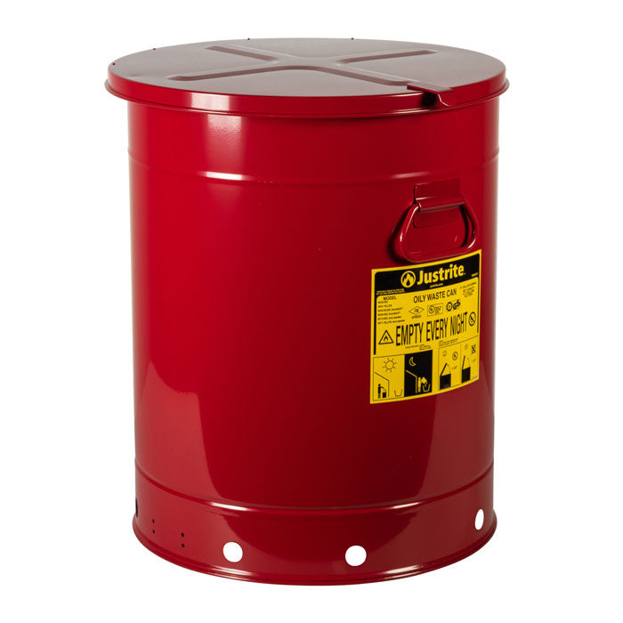 Justrite 21 Gallon, Oily Waste Can, Hand-Operated Cover, Red