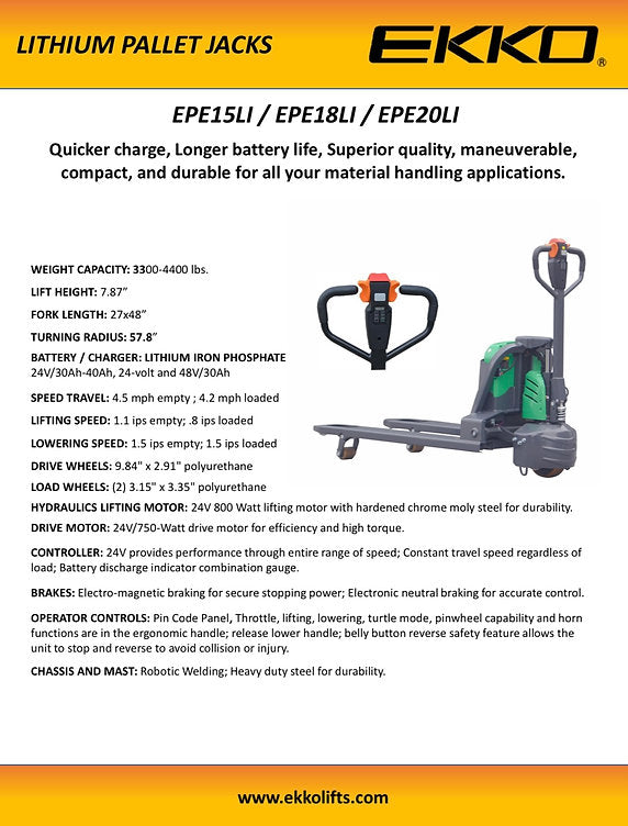 Ekko EPE20LI Lithium Iron Phosphate Pallet Jack 4400 lb Capacity New