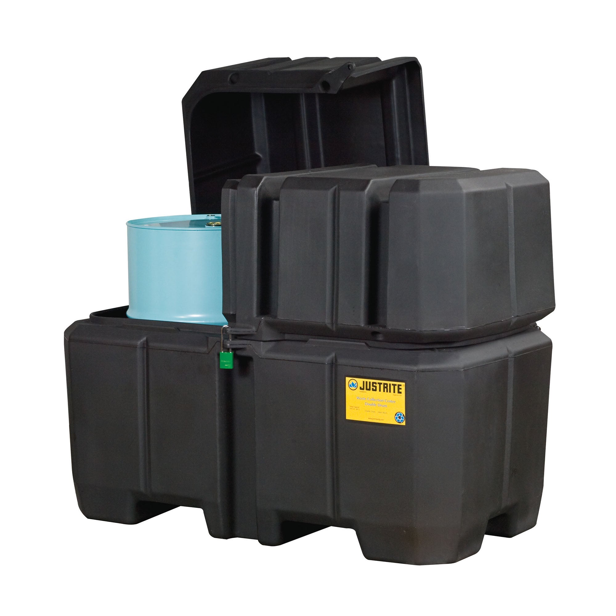 Justrite EcoPolyBlend™ Double Drum Collection Center, Dual Covers, Forklift Channels, Recycled Polyethylene