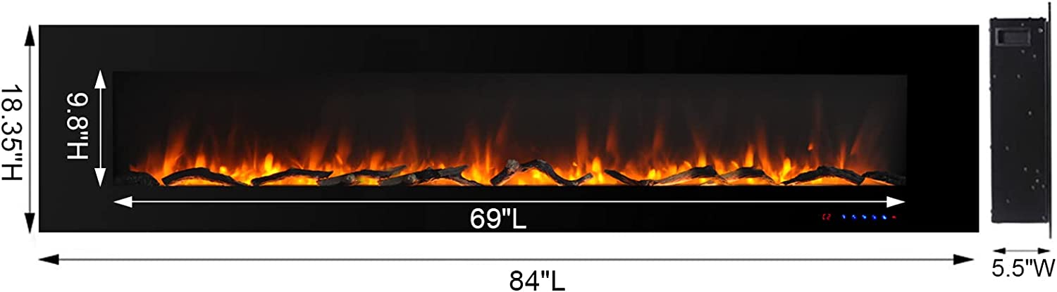 Valuxhome WM84 84 in. 750/1500W Wall Mounted Log and Crystals Fireplace with Remote Black New