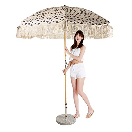 HUWENJUN123 6ft Beach Umbrella with Fringe Outdoor Tassel Umbrella UPF50+ Wood Color Steel Pole and Steel Ribs Push Button Tilt