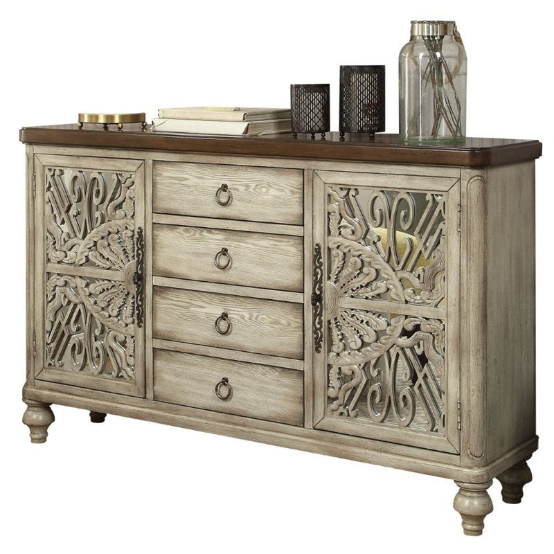 ACME Vermont Console Table (2 Door/4Drw) in Antique White