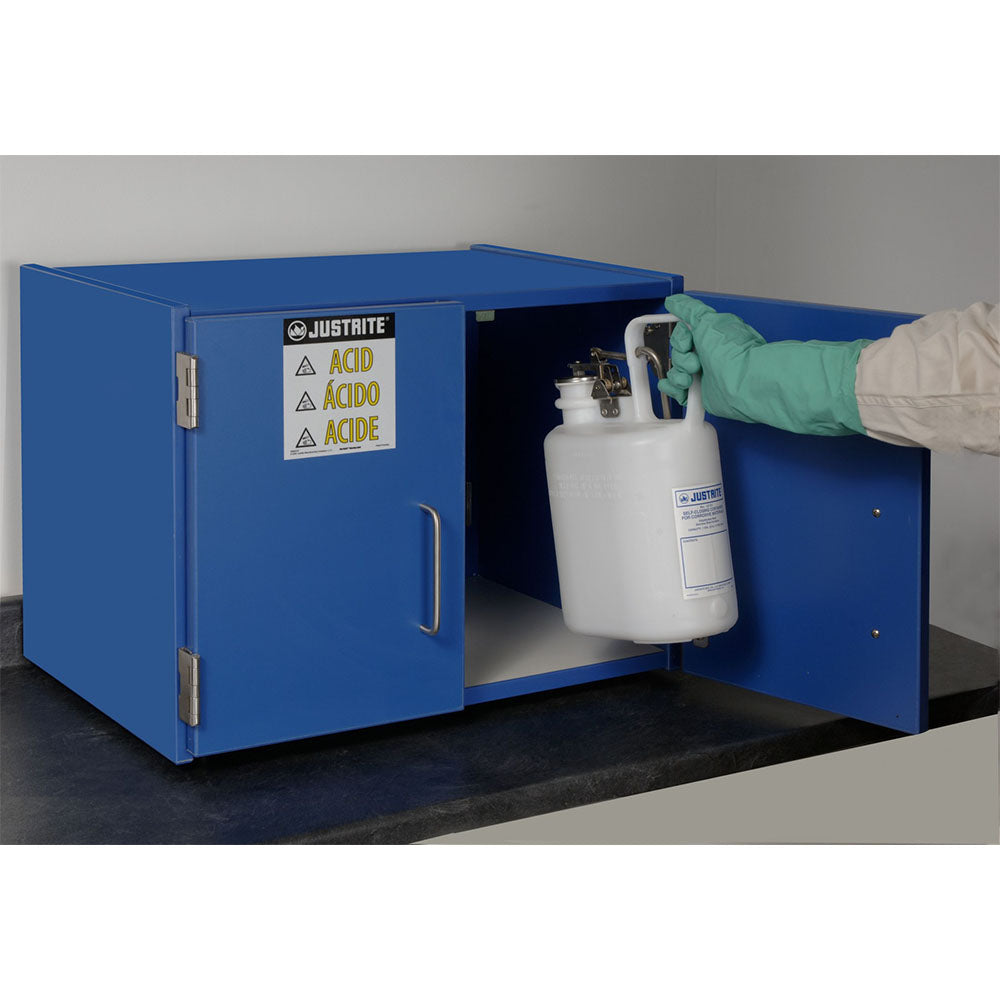 Justrite Wood Laminate Corrosives Countertop Safety Cabinet, Cap. Six 2-1/2 L Bottles, 2 Doors