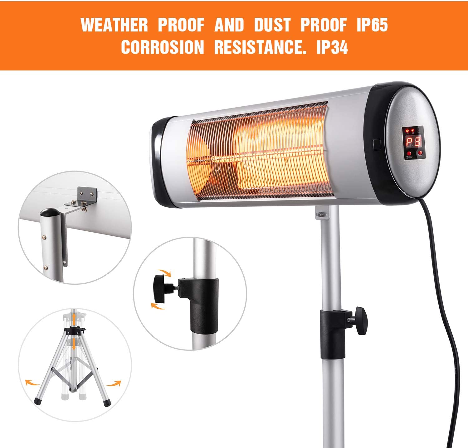 RW Flame 516B 500W-1500W Height Adjustable Waterproof IP65 Rated Infrared Electric Patio Heater With Remote New